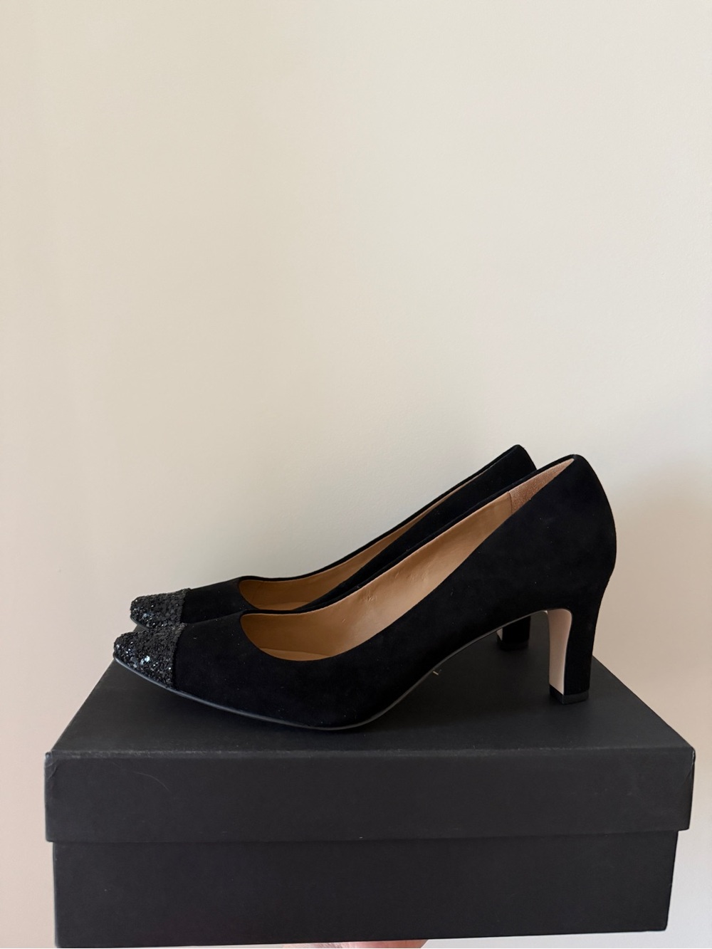 Ann Taylor Black Suede Pumps with Glitter Toe